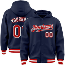 Load image into Gallery viewer, Custom Navy Red-White Bomber Full-Snap Varsity Letterman Hoodie Jacket