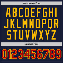 Load image into Gallery viewer, Custom Navy Red-Gold Bomber Full-Snap Varsity Letterman Hoodie Jacket