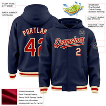 Load image into Gallery viewer, Custom Navy Red-Cream Bomber Full-Snap Varsity Letterman Hoodie Jacket