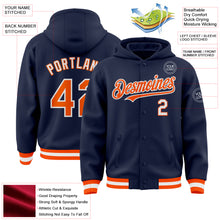 Load image into Gallery viewer, Custom Navy Orange-White Bomber Full-Snap Varsity Letterman Hoodie Jacket
