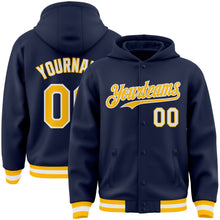 Load image into Gallery viewer, Custom Navy Gold-White Bomber Full-Snap Varsity Letterman Hoodie Jacket