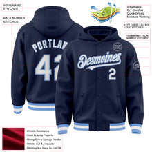 Load image into Gallery viewer, Custom Navy White-Light Blue Bomber Full-Snap Varsity Letterman Hoodie Jacket