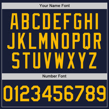 Load image into Gallery viewer, Custom Navy Gold Bomber Full-Snap Varsity Letterman Hoodie Jacket