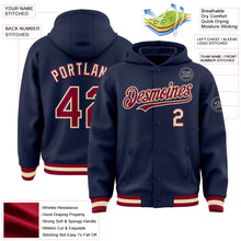 Load image into Gallery viewer, Custom Navy Maroon-Cream Bomber Full-Snap Varsity Letterman Hoodie Jacket