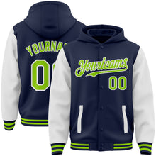 Load image into Gallery viewer, Custom Navy Neon Green-White Bomber Full-Snap Varsity Letterman Two Tone Hoodie Jacket