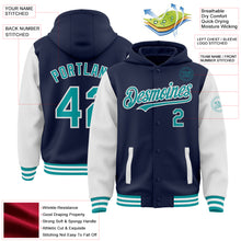 Load image into Gallery viewer, Custom Navy Teal-White Bomber Full-Snap Varsity Letterman Two Tone Hoodie Jacket