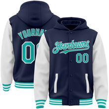 Load image into Gallery viewer, Custom Navy Aqua-White Bomber Full-Snap Varsity Letterman Two Tone Hoodie Jacket
