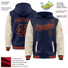 Load image into Gallery viewer, Custom Navy Cream-Orange Bomber Full-Snap Varsity Letterman Two Tone Hoodie Jacket