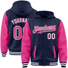 Load image into Gallery viewer, Custom Navy Pink-White Bomber Full-Snap Varsity Letterman Two Tone Hoodie Jacket