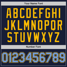 Load image into Gallery viewer, Custom Navy Light Blue-Gold Bomber Full-Snap Varsity Letterman Two Tone Hoodie Jacket