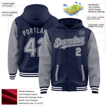 Load image into Gallery viewer, Custom Navy Gray-White Bomber Full-Snap Varsity Letterman Two Tone Hoodie Jacket