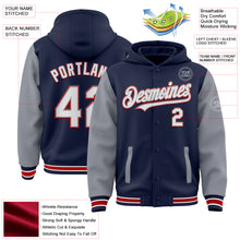 Load image into Gallery viewer, Custom Navy Gray-Red Bomber Full-Snap Varsity Letterman Two Tone Hoodie Jacket