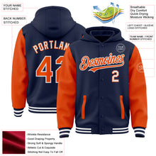 Load image into Gallery viewer, Custom Navy Orange-White Bomber Full-Snap Varsity Letterman Two Tone Hoodie Jacket