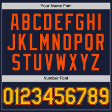 Load image into Gallery viewer, Custom Navy Gold-Orange Bomber Full-Snap Varsity Letterman Two Tone Hoodie Jacket