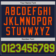 Load image into Gallery viewer, Custom Navy Neon Green-Orange Bomber Full-Snap Varsity Letterman Two Tone Hoodie Jacket