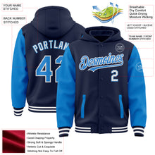 Load image into Gallery viewer, Custom Navy Powder Blue-White Bomber Full-Snap Varsity Letterman Two Tone Hoodie Jacket
