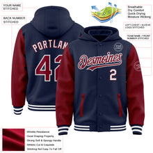 Load image into Gallery viewer, Custom Navy Crimson-White Bomber Full-Snap Varsity Letterman Two Tone Hoodie Jacket