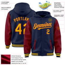 Load image into Gallery viewer, Custom Navy Gold-Crimson Bomber Full-Snap Varsity Letterman Two Tone Hoodie Jacket