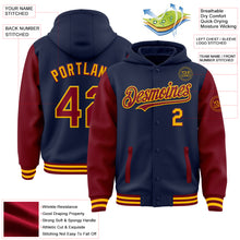 Load image into Gallery viewer, Custom Navy Crimson-Gold Bomber Full-Snap Varsity Letterman Two Tone Hoodie Jacket