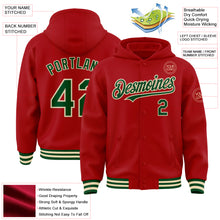 Load image into Gallery viewer, Custom Red Green-Cream Bomber Full-Snap Varsity Letterman Hoodie Jacket
