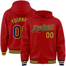 Load image into Gallery viewer, Custom Red Navy-Gold Bomber Full-Snap Varsity Letterman Hoodie Jacket
