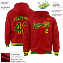 Load image into Gallery viewer, Custom Red Green-Gold Bomber Full-Snap Varsity Letterman Hoodie Jacket