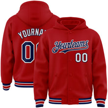 Load image into Gallery viewer, Custom Red Navy-White Bomber Full-Snap Varsity Letterman Hoodie Jacket
