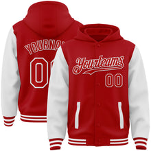 Load image into Gallery viewer, Custom Red White Bomber Full-Snap Varsity Letterman Two Tone Hoodie Jacket