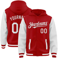 Load image into Gallery viewer, Custom Red White Bomber Full-Snap Varsity Letterman Two Tone Hoodie Jacket