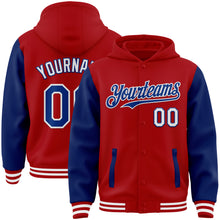 Load image into Gallery viewer, Custom Red Royal-White Bomber Full-Snap Varsity Letterman Two Tone Hoodie Jacket