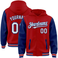 Load image into Gallery viewer, Custom Red White-Royal Bomber Full-Snap Varsity Letterman Two Tone Hoodie Jacket