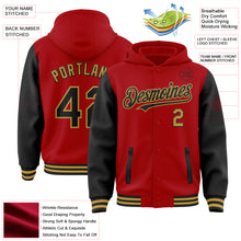 Load image into Gallery viewer, Custom Red Black-Old Gold Bomber Full-Snap Varsity Letterman Two Tone Hoodie Jacket