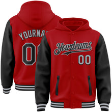Load image into Gallery viewer, Custom Red Black-Gray Bomber Full-Snap Varsity Letterman Two Tone Hoodie Jacket