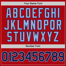 Load image into Gallery viewer, Custom Red Navy-Light Blue Bomber Full-Snap Varsity Letterman Two Tone Hoodie Jacket