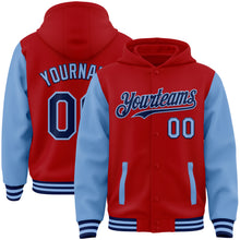 Load image into Gallery viewer, Custom Red Navy-Light Blue Bomber Full-Snap Varsity Letterman Two Tone Hoodie Jacket