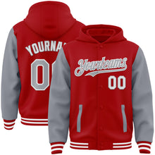 Load image into Gallery viewer, Custom Red Gray-White Bomber Full-Snap Varsity Letterman Two Tone Hoodie Jacket