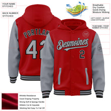 Load image into Gallery viewer, Custom Red Gray-Black Bomber Full-Snap Varsity Letterman Two Tone Hoodie Jacket