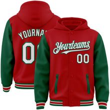 Load image into Gallery viewer, Custom Red White-Kelly Green Bomber Full-Snap Varsity Letterman Two Tone Hoodie Jacket