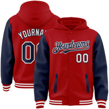 Load image into Gallery viewer, Custom Red Navy-White Bomber Full-Snap Varsity Letterman Two Tone Hoodie Jacket