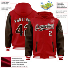 Load image into Gallery viewer, Custom Red Brown-White Bomber Full-Snap Varsity Letterman Two Tone Hoodie Jacket