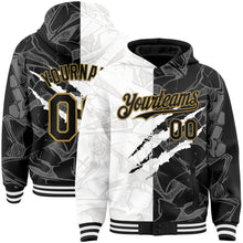 Load image into Gallery viewer, Custom Graffiti Pattern Black-Old Gold Scratch 3D Bomber Full-Snap Varsity Letterman Hoodie Jacket