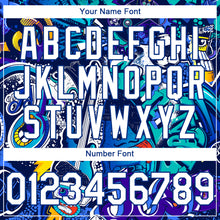 Load image into Gallery viewer, Custom Graffiti Pattern White-Royal Abstract Urban Street Art 3D Bomber Full-Snap Varsity Letterman Hoodie Jacket