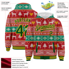 Load image into Gallery viewer, Custom Red Green-Gold Christmas Reindeers 3D Bomber Full-Snap Varsity Letterman Hoodie Jacket