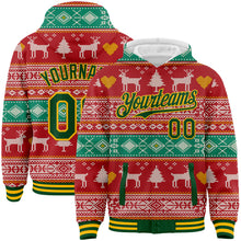 Load image into Gallery viewer, Custom Red Green-Gold Christmas Reindeers 3D Bomber Full-Snap Varsity Letterman Hoodie Jacket