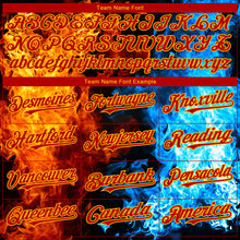 Load image into Gallery viewer, Custom Red Gold Black-Lakes Blue Flame 3D Pattern Design Bomber Full-Snap Varsity Letterman Hoodie Jacket