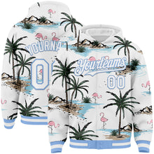 Load image into Gallery viewer, Custom White Light Blue Tropical Hawaii Palm Trees 3D Bomber Full-Snap Varsity Letterman Hoodie Jacket