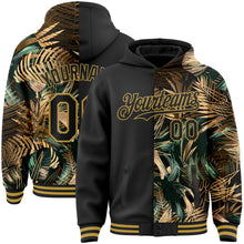 Load image into Gallery viewer, Custom Black Old Gold Tropical Hawaii Jungle Leaves 3D Bomber Full-Snap Varsity Letterman Hoodie Jacket