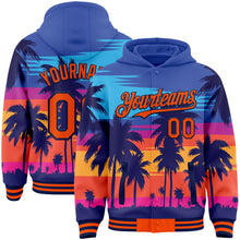 Load image into Gallery viewer, Custom Royal Orange-Navy Tropical Hawaii Palm Trees 3D Bomber Full-Snap Varsity Letterman Hoodie Jacket