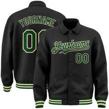 Load image into Gallery viewer, Custom Black Green-Cream Bomber Full-Snap Varsity Letterman Lapel Collar Byron Jacket