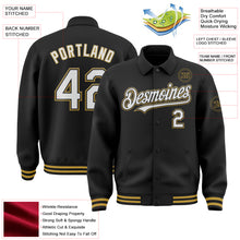 Load image into Gallery viewer, Custom Black White-Old Gold Bomber Full-Snap Varsity Letterman Lapel Collar Byron Jacket